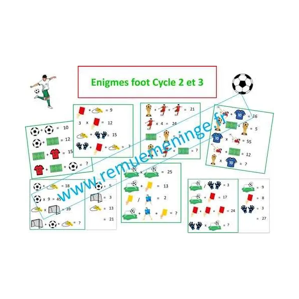 10 énigmes mathématiques, de difficulté croissante pour les élèves de cycle 2 et 3, sur le thème du football.