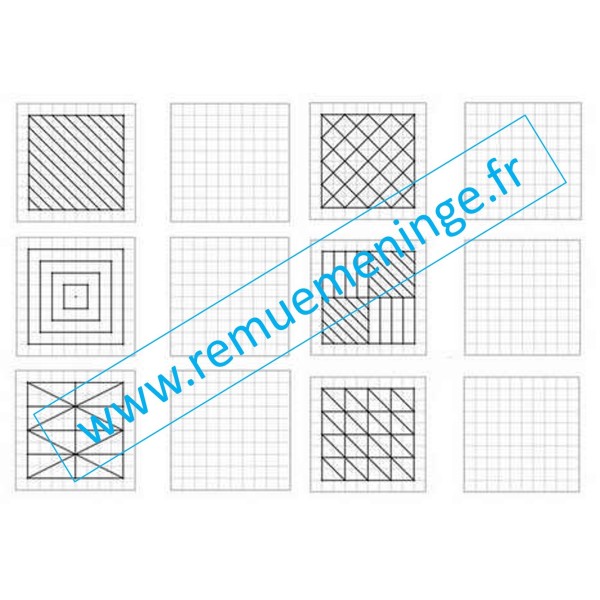 30 figures géométriques de difficulté croissante à reproduire sur quadrillage 10 x 10, pour les cycles 2 et 3.