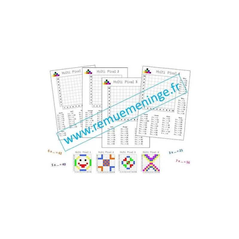 Multi Pixel 1 et 2 : 8 grilles à colorier en complétant des calculs multiplicatifs + corrections