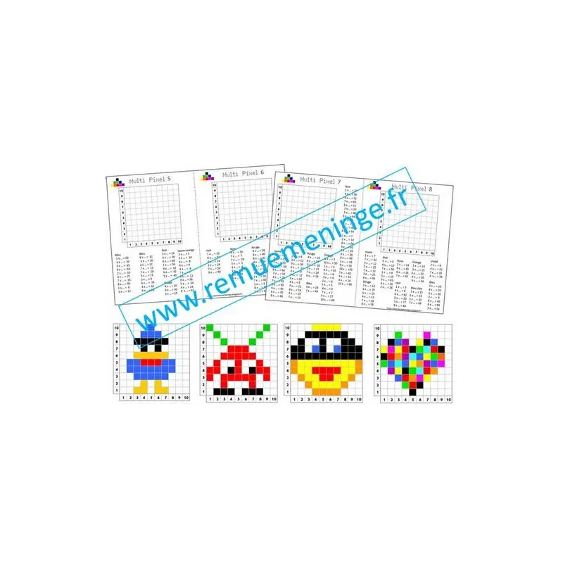 Multi Pixel 1 et 2 : 8 grilles à colorier en complétant des calculs multiplicatifs + corrections