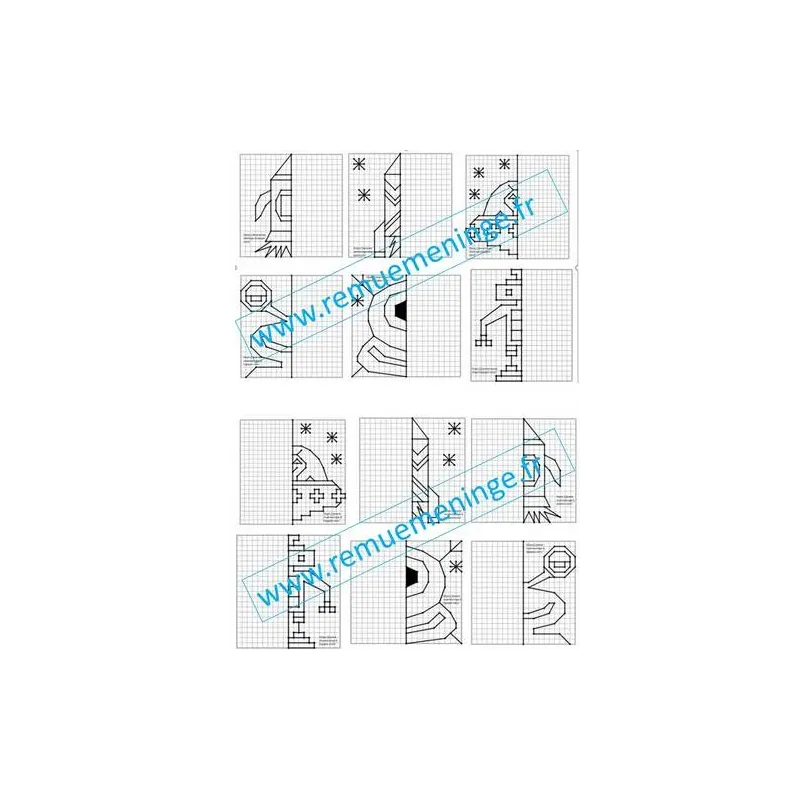 Planche de 12 exercices symétrie espace PDF 4 pages cycle 2 et 3