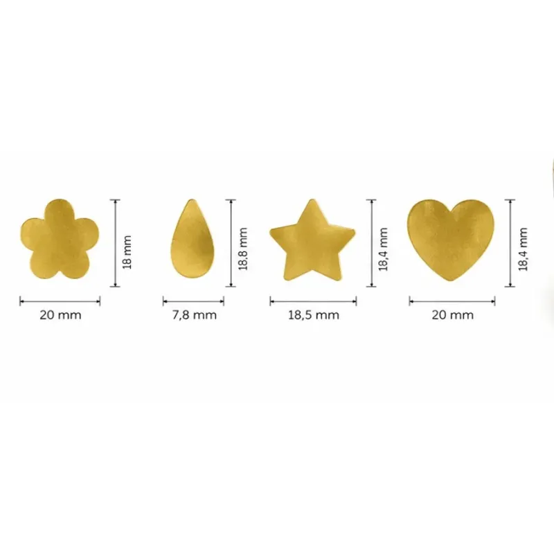 Détail des 4 formes de gommettes or métallisé sur feuille prédécoupée