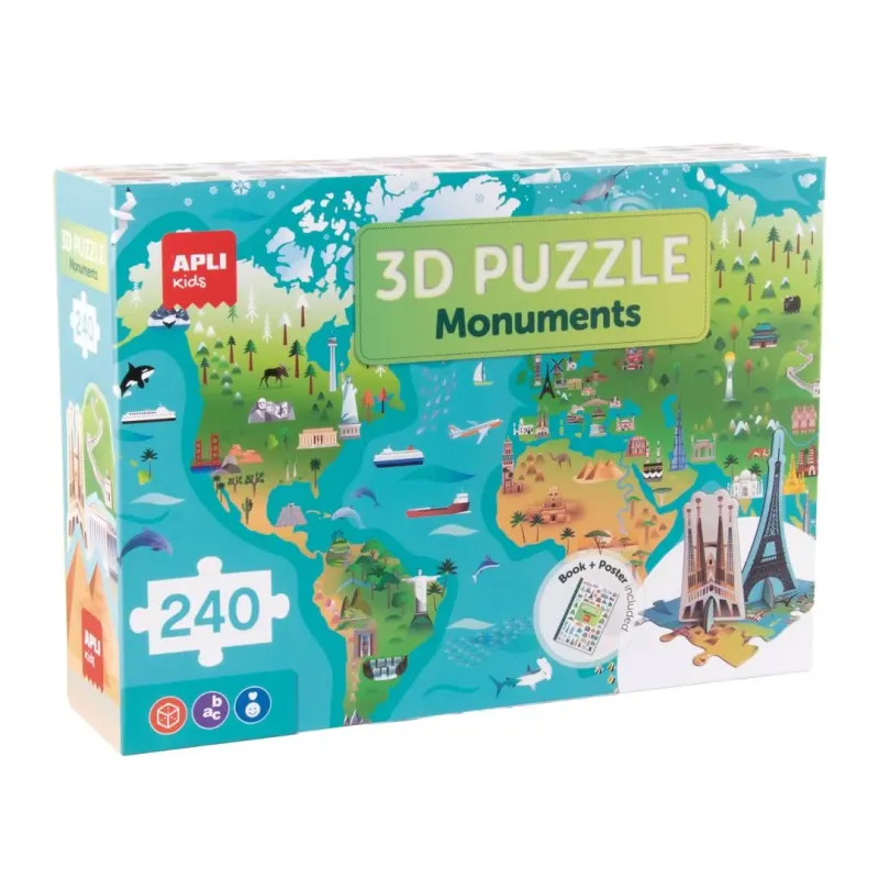 Puzzle 3D monuments du monde 240 pièces avec carte 100x70 cm et 58 monuments