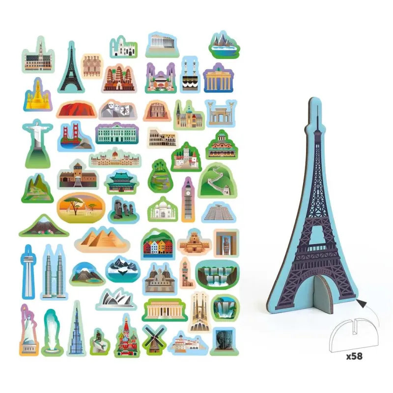 Détail des monuments 3D Tour Eiffel Colisée Taj Mahal sur la carte du monde