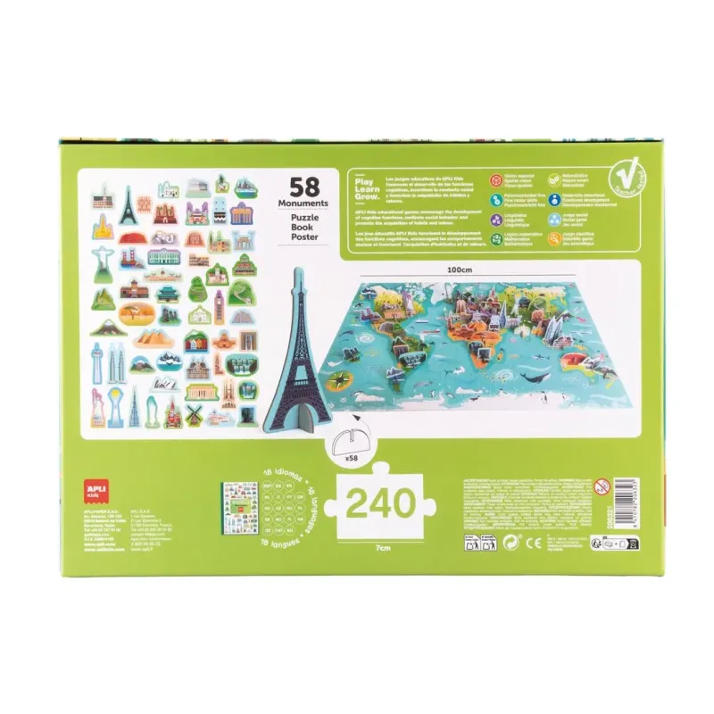 Carte du monde 100x70 cm assemblée avec monuments 3D positionnés