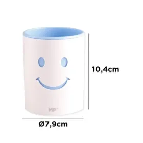 Pot à crayons Smiley 2 en 1 blanc et bleu avec visage souriant