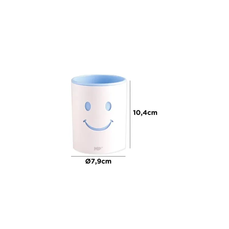 Pot à crayons Smiley 2 en 1 blanc et bleu avec visage souriant