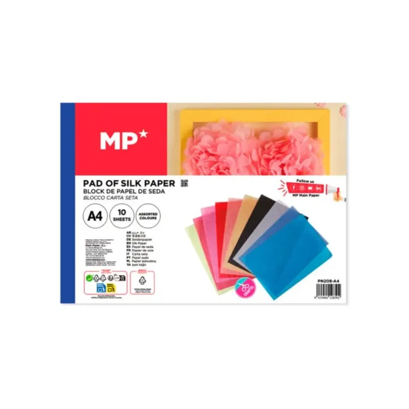 Détail des teintes du papier de soie A4 : rose, bleu, jaune, vert clair et orange