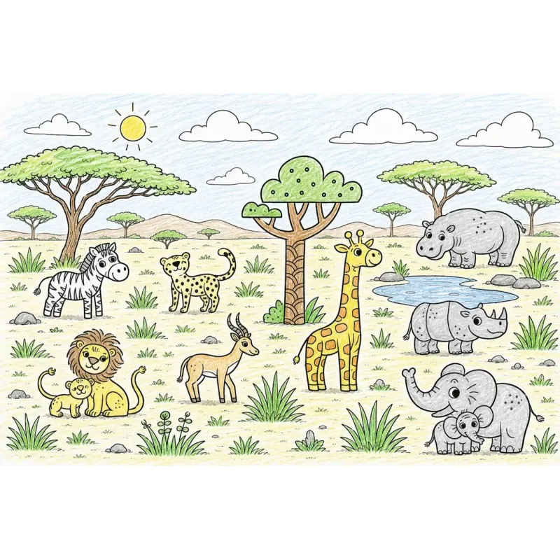 Animaux de la savane tamponnés sur une feuille, réalisation en classe