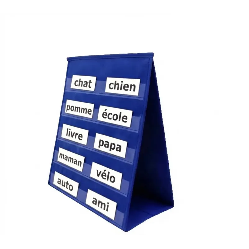 Présentoir chevalet bleu à 5 pochettes transparentes pour cartes-mots, vue de face