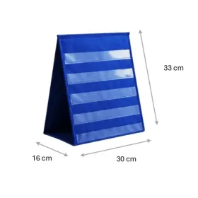 Présentoir à pochettes bleu déplié en chevalet, vue de profil
