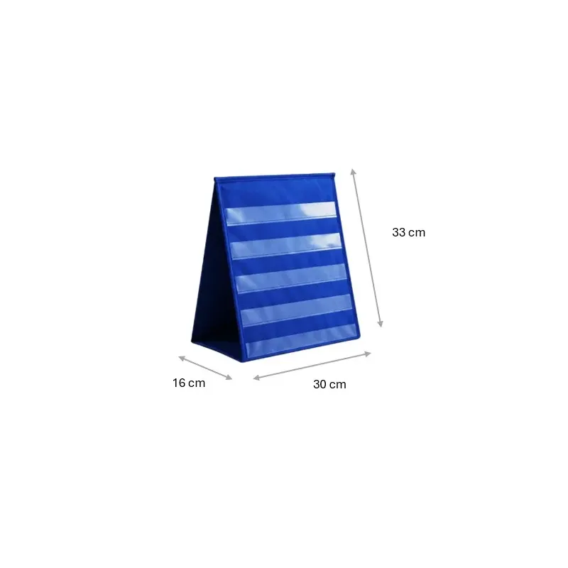 Présentoir à pochettes bleu déplié en chevalet, vue de profil