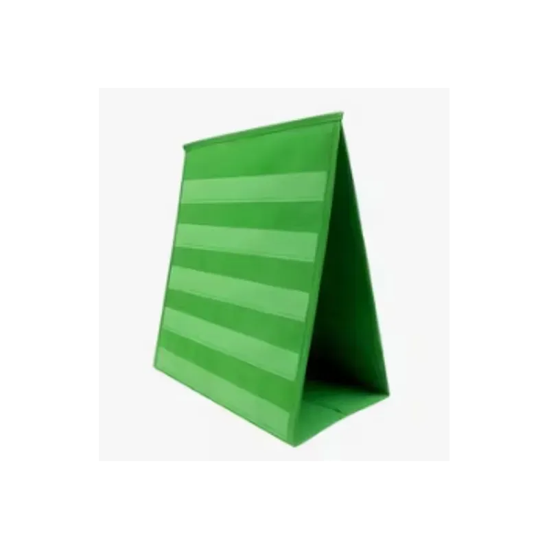 Présentoir à pochettes vert déplié en chevalet, vue de profil